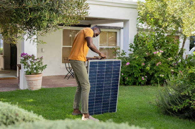A man looking for the wire to his plug-in solar panel to plug it into the house.